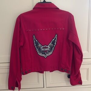 Harley-Davidson Red Studded Denim Jacket With Wing Logo Womens XS 100% Cotton